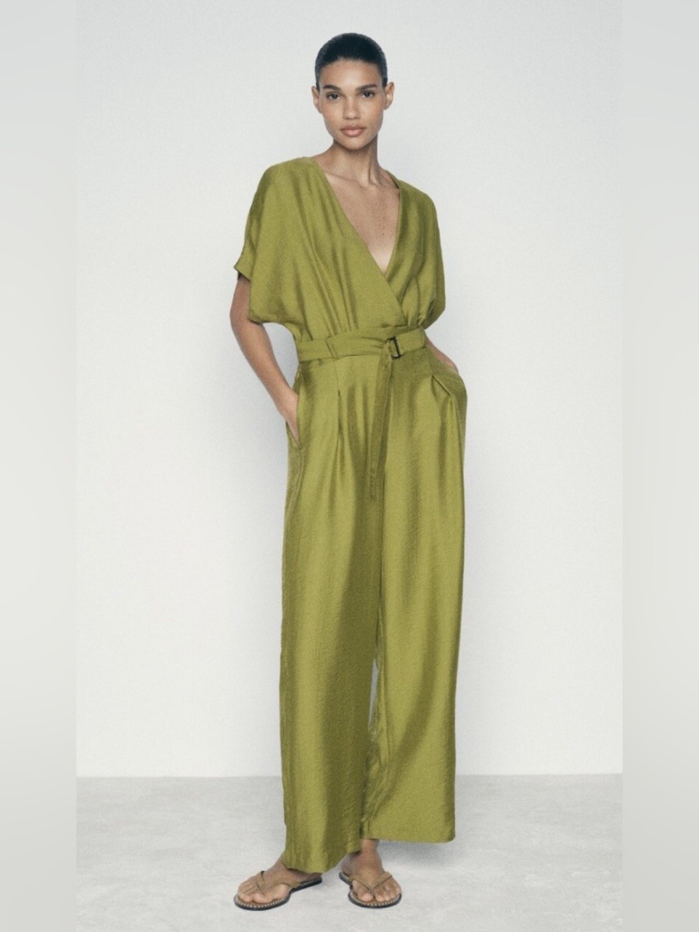 Zara Olive Green Wide-Leg Belted Jumpsuit
